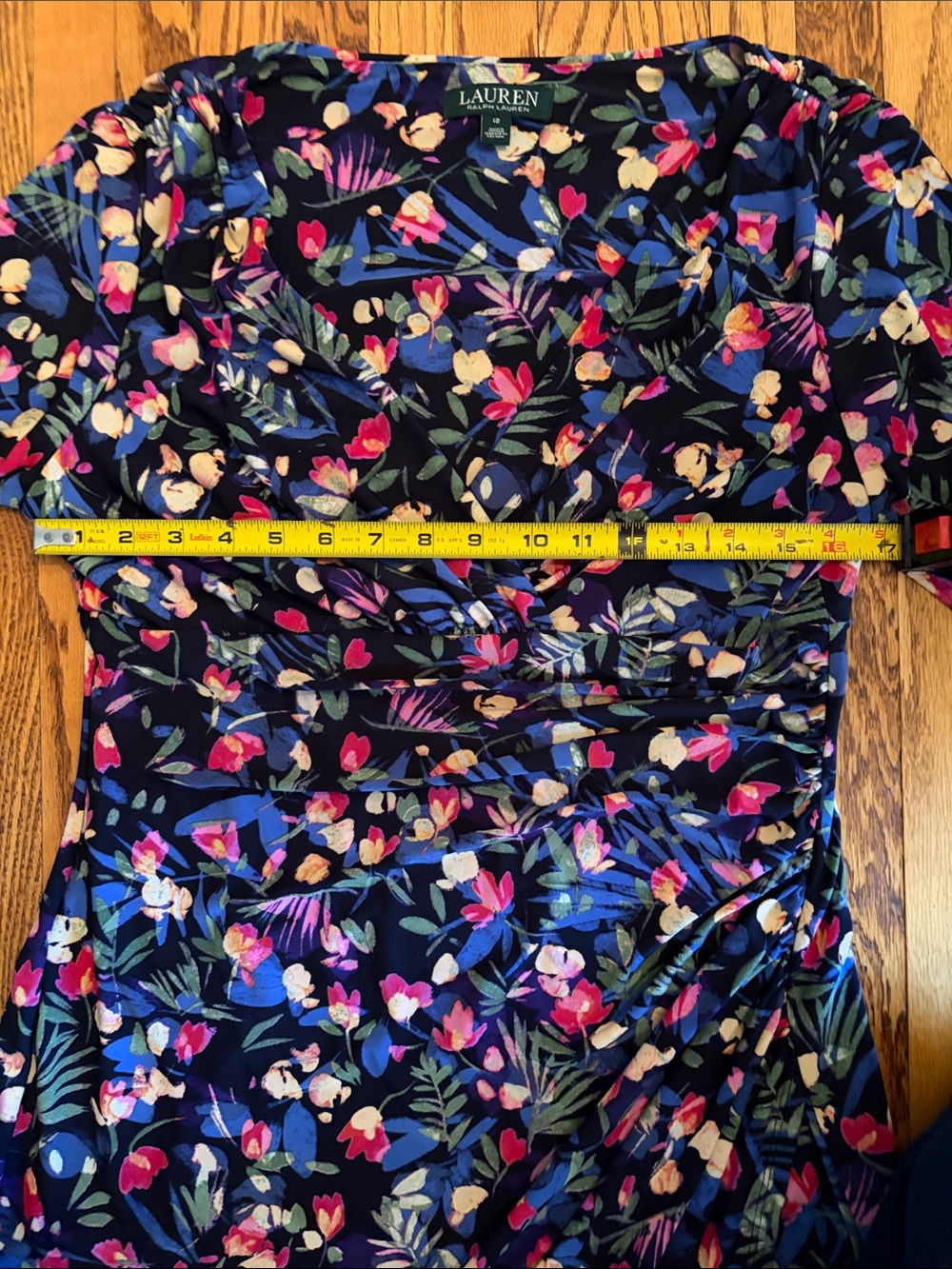 Lauren 12 Floral Wrap-Style Womens Dress in Navy w/Pink&Green Accents - Picture 6 of 8
